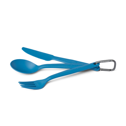 Blue camping cutlery set with a carabiner on a white background