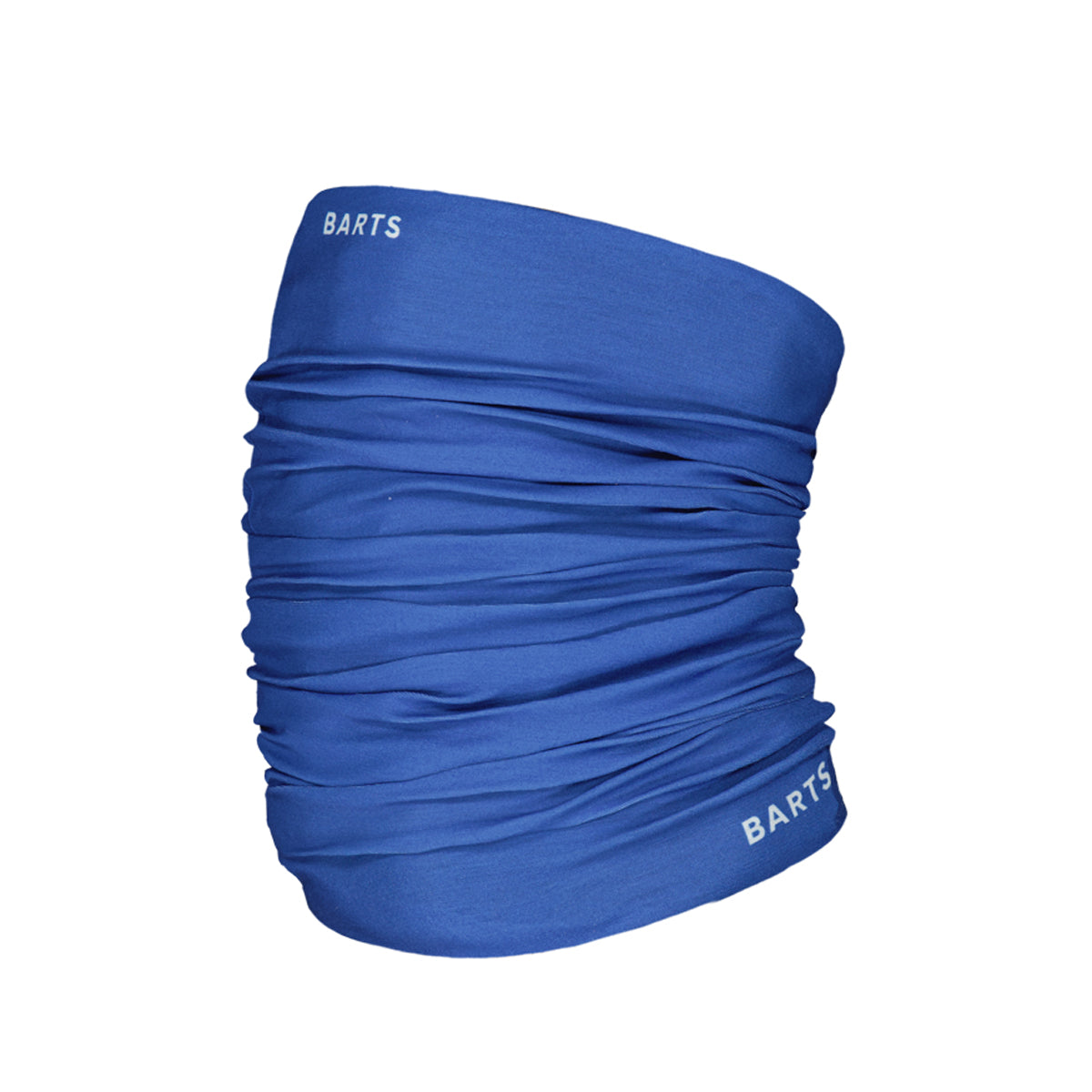 A royal blue tubular kids neck gaiter with white BARTS branding printed on both ends, shown on a solid white background.