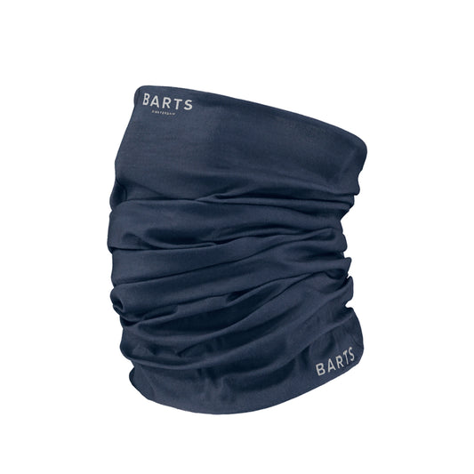 Navy blue neck gaiter with Barts logo on a white background