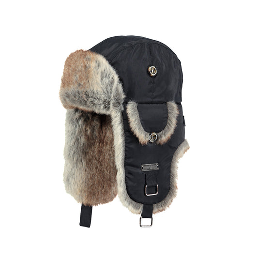 Black kids winter hat with faux fur trim on a white background