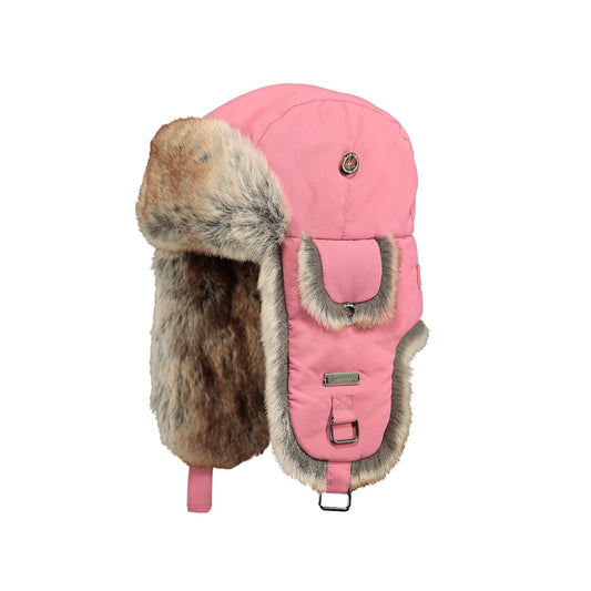 Pink winter trapper kids hat with faux fur trim on a white background