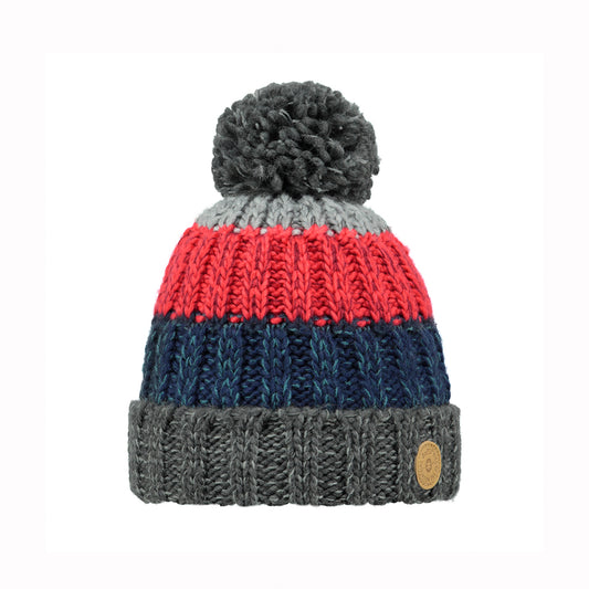 Knitted beanie with gray, red, and navy stripes on a white background