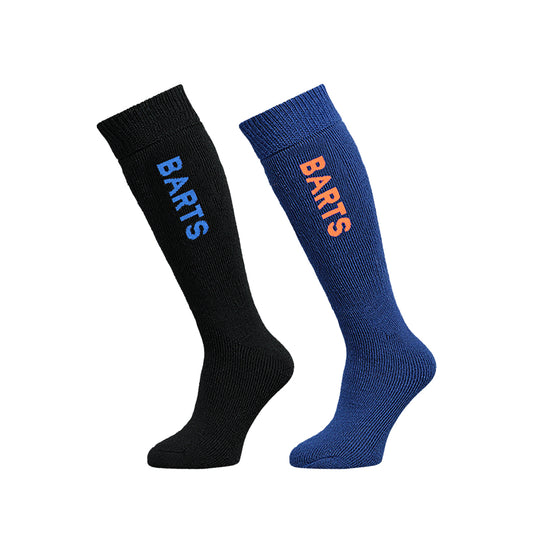 Black and blue knee-high socks with 'BARTS' branding on a white background