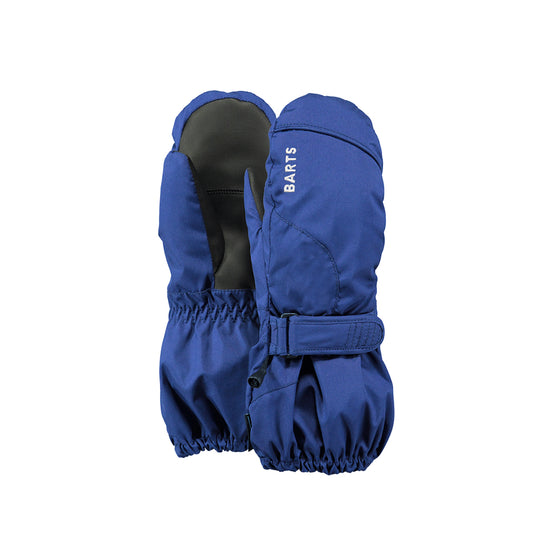 Pair of blue boys ski mittens with a visible brand logo on a white background