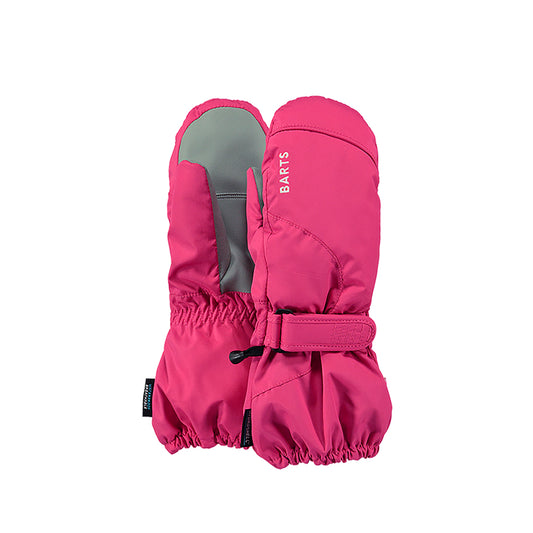 Pink girls ski mittens with grey interior on a white background