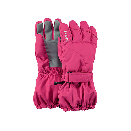 Pink girls ski gloves with grey palm on a white background