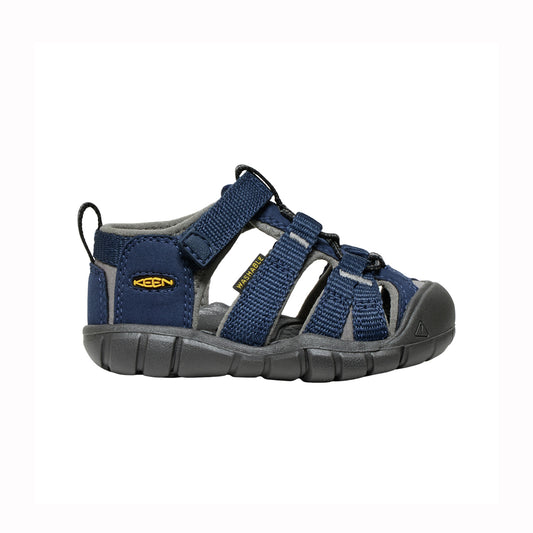 Blue toddler sandals with Keen logo on white background