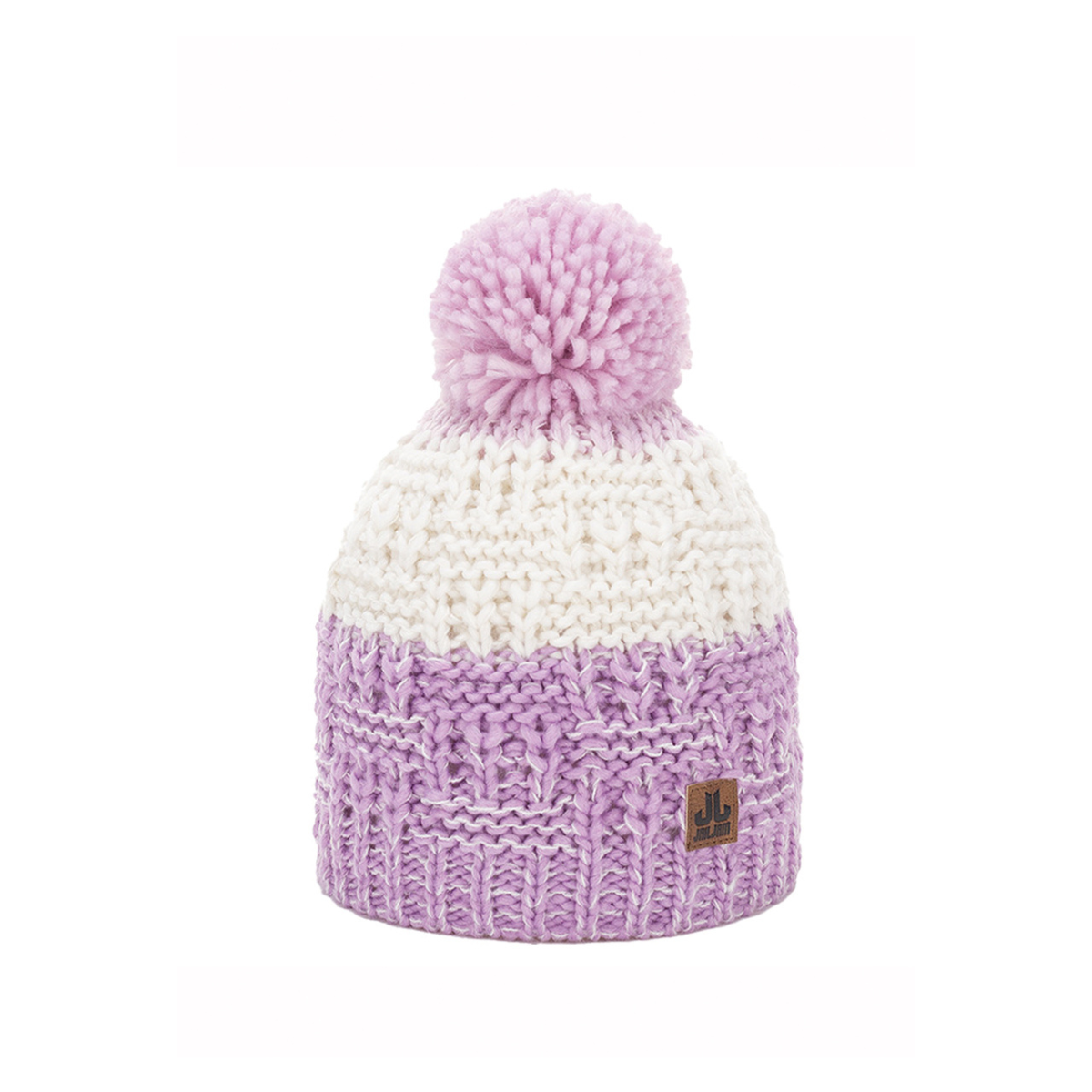 Bobble hat with purple, pink and white stripes.