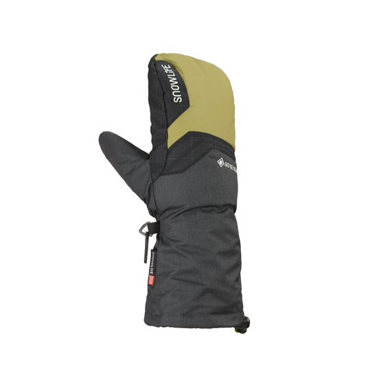 A single Snowlife mitten glove in dark grey and olive green, shown from the side against a plain white background.