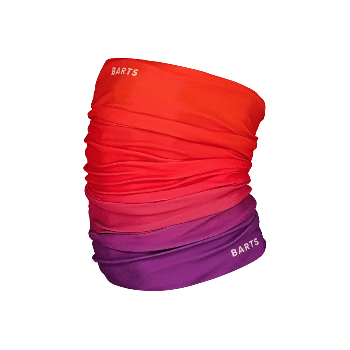 Gradient red to purple neck gaiter with 'Barts' branding on a white background