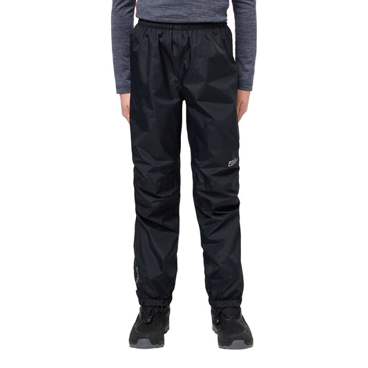 Black waterproof trousers worn by a person on a white background