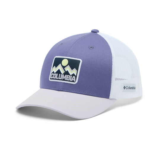 Two-toned purple and white cap with Columbia logo on a white background