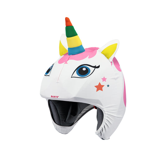 Unicorn-themed helmet cover with colourful design on a white background