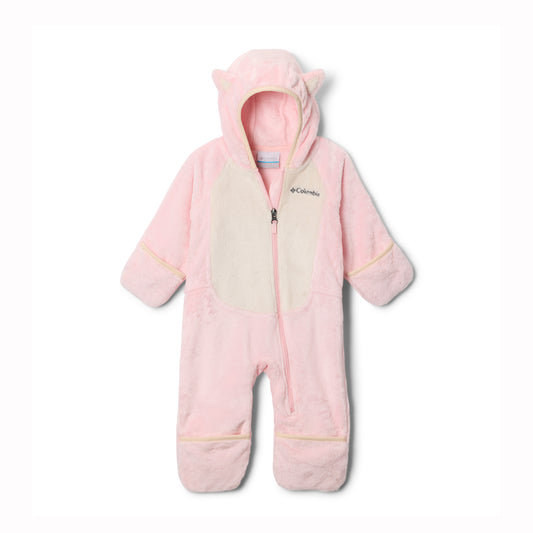 Pink baby fleece snowsuit with hood on a white background