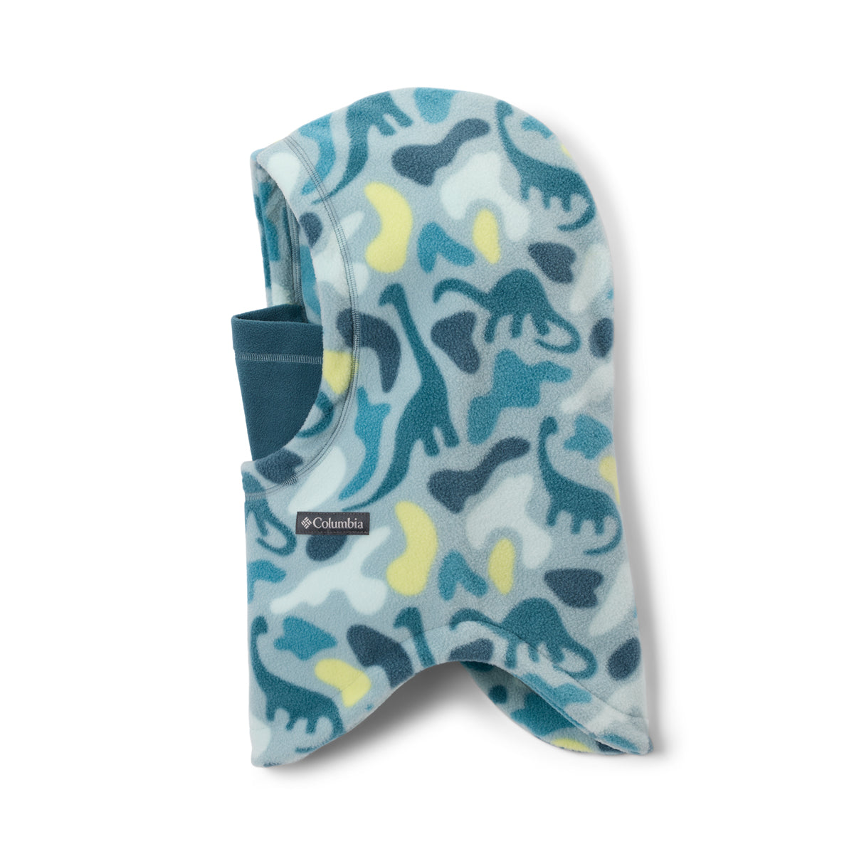 Kids balaclava with a blue dinosaur pattern on a white background