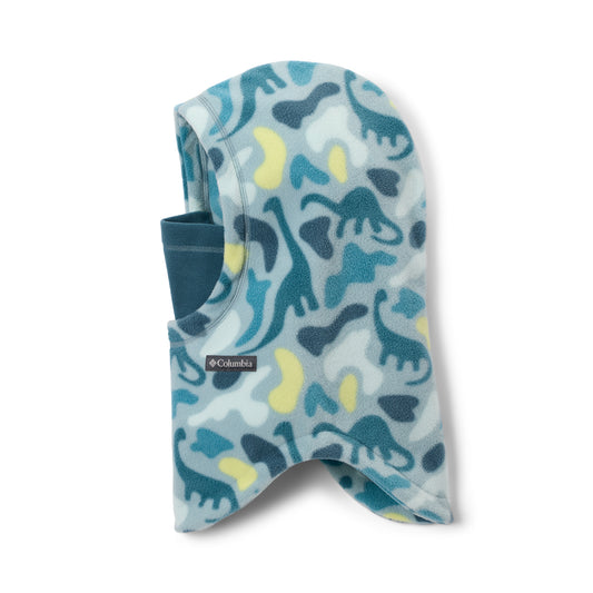 Kids balaclava with a blue dinosaur pattern on a white background