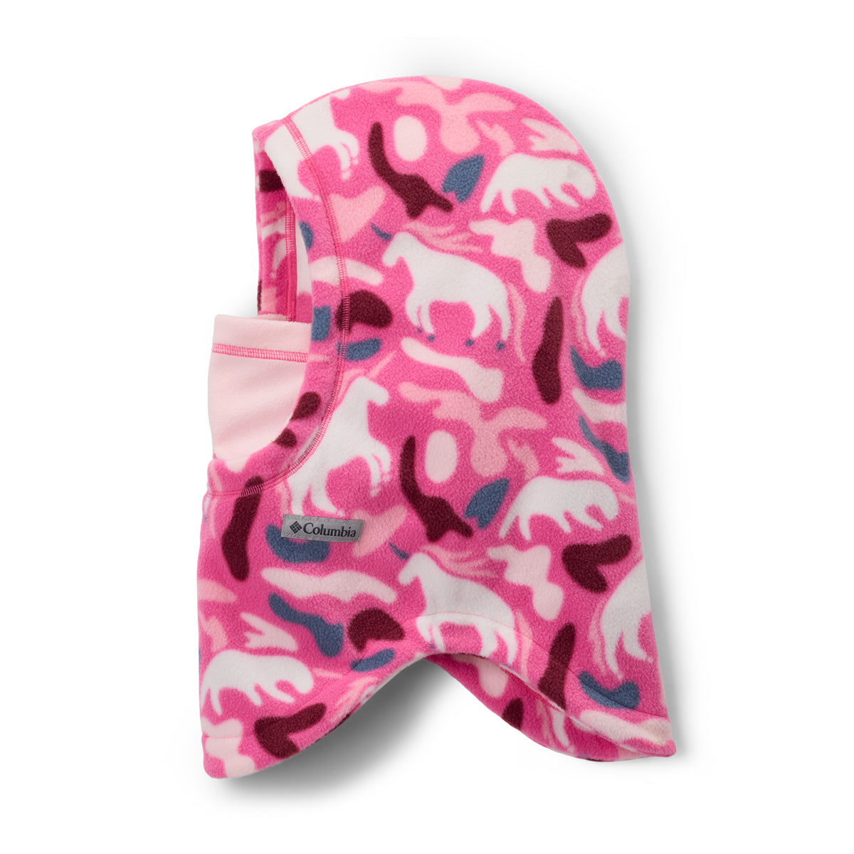 Pink kids balaclava with horse pattern on a white background