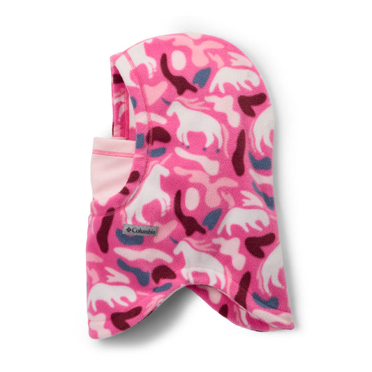 Pink kids balaclava with horse pattern on a white background