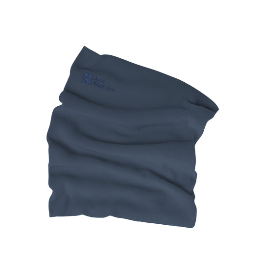 Blue kids neck gaiter with a brand logo on a white background