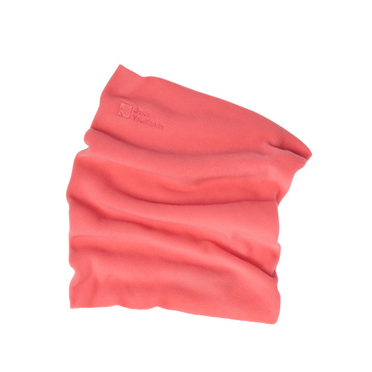 Coral-colored kids neck gaiter with a brand logo on a white background