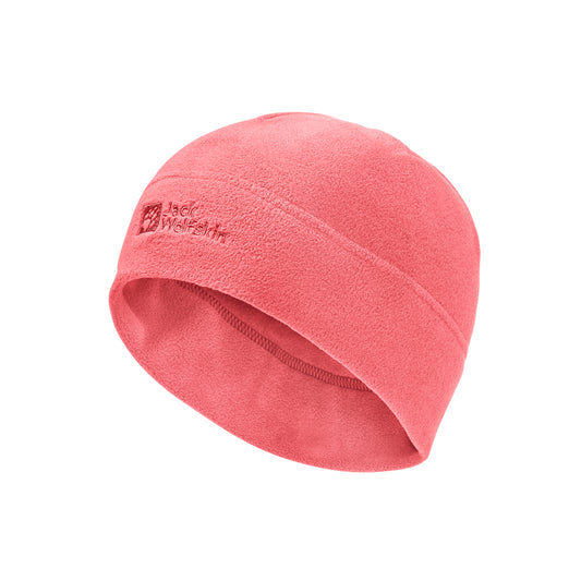 Pink beanie hat with a brand logo on a white background