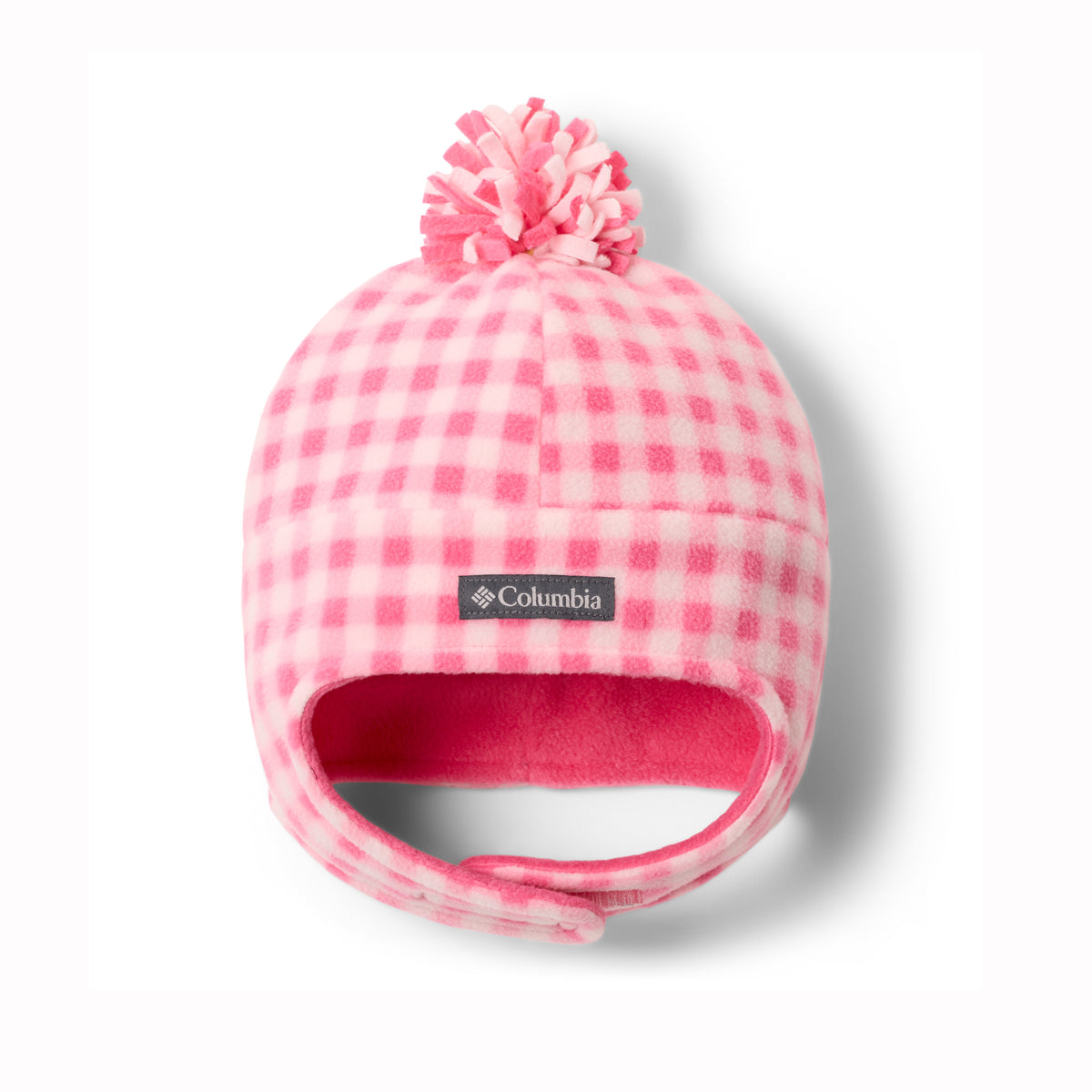 Pink checkered beanie with pom-pom on a white background
