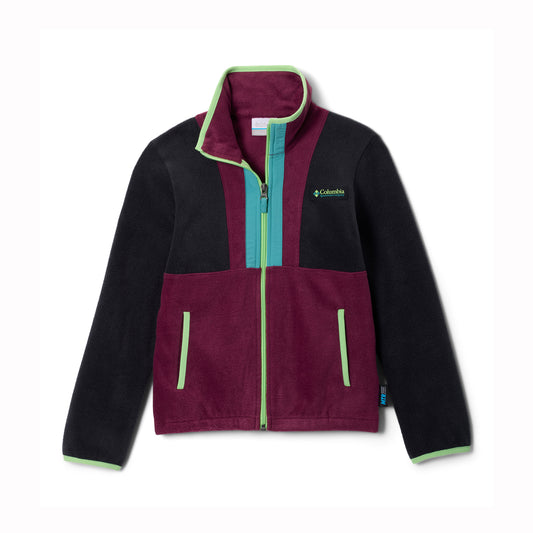 A Columbia kids' fleece jacket in a colorblock design of black and deep burgundy, featuring a bright turquoise zipper, light green trim, and a small green Columbia logo on the chest.