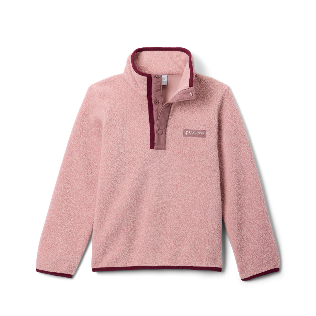 Pink fleece pullover with maroon trim on a white background