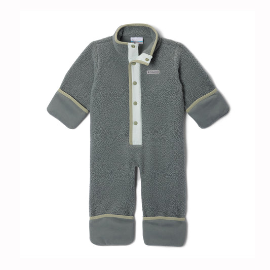 Gray baby onesie with button details on a white background