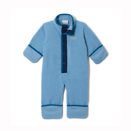 Blue baby onesie with navy accents on a white background