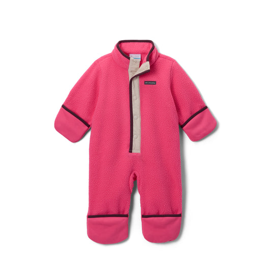 A bright pink fleece footed one-piece baby jumpsuit with a half-zip front, beige zipper placket, and dark pink trim details, shown on a plain white background.