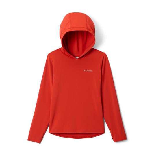 Orange kids UV hoodie with Columbia logo on a white background