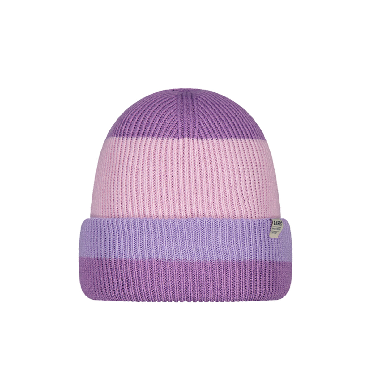 Purple and pink girls striped knit beanie on a white background