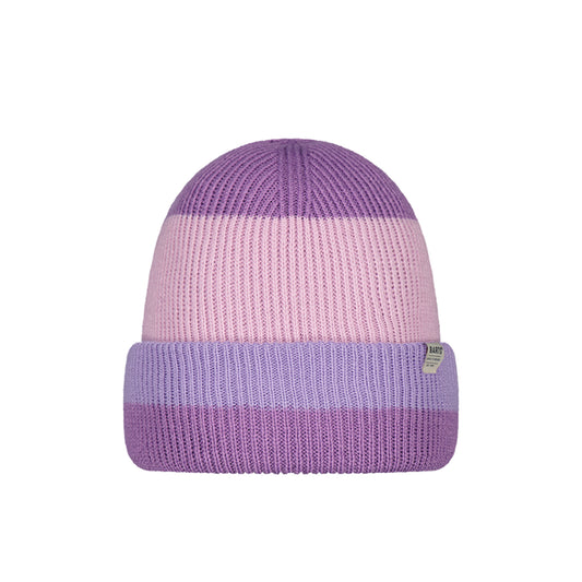 Purple and pink girls striped knit beanie on a white background