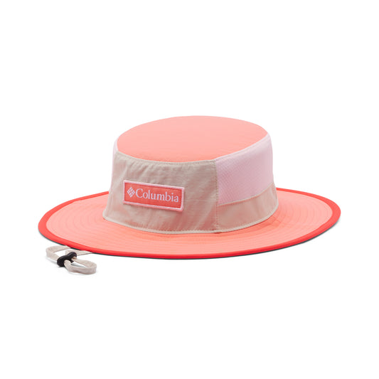 Pink and beige kids booney style sun hat with Columbia logo on a white background