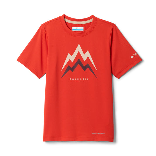Red boys t-shirt with mountain graphic and Columbia logo on a white background