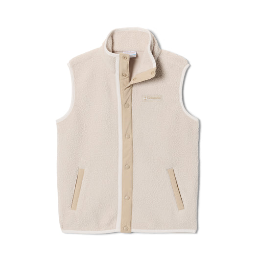 Beige kids fleece vest with button details on a white background