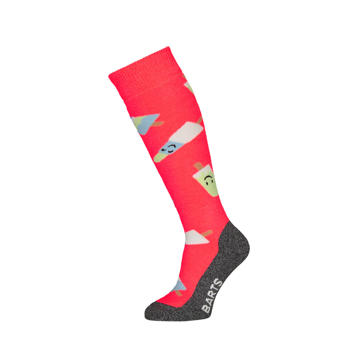 Pink kids ski Knee-high sock with cartoon designs on a white background