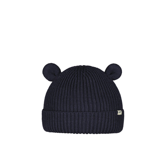 Navy blue knit baby hat with bear ears on a white background