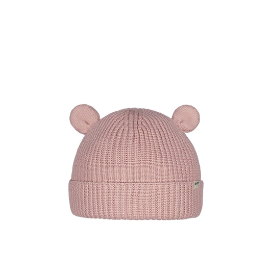 Pink knit baby hat with bear ears on a white background