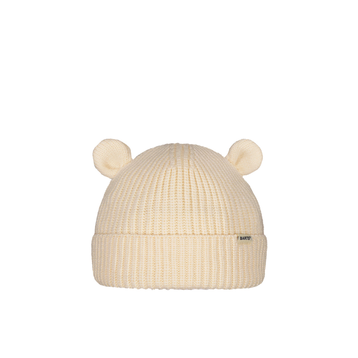 Beige knit baby hat with bear ears on a white background