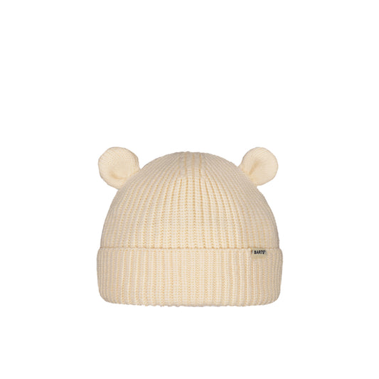 Beige knit baby hat with bear ears on a white background