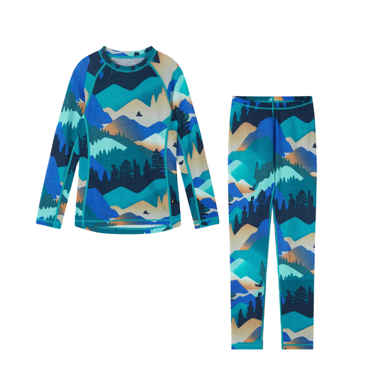 A two-piece children's long-sleeve pyjama set featuring a vibrant blue, teal, and tan mountain and forest landscape print, displayed on a clean white background.