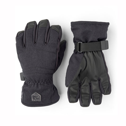 Pair of black winter gloves with a visible brand logo on a white background