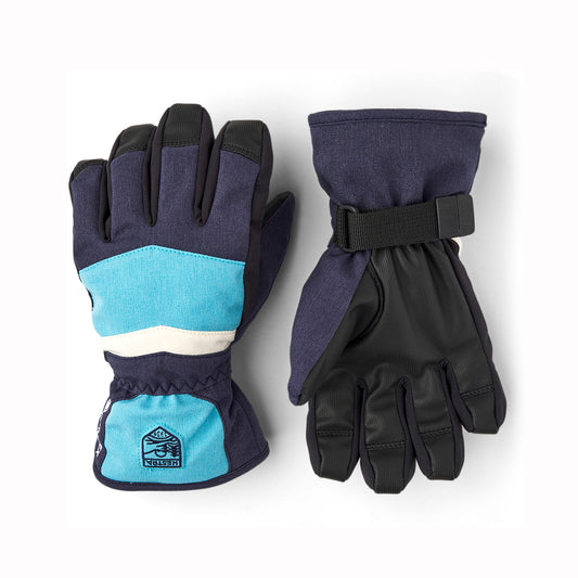 Pair of gloves with blue and black design on a white background