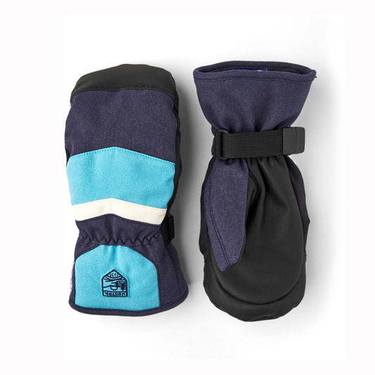 Pair of black and blue childrens' mittens with a visible Hestra brand logo on a white background