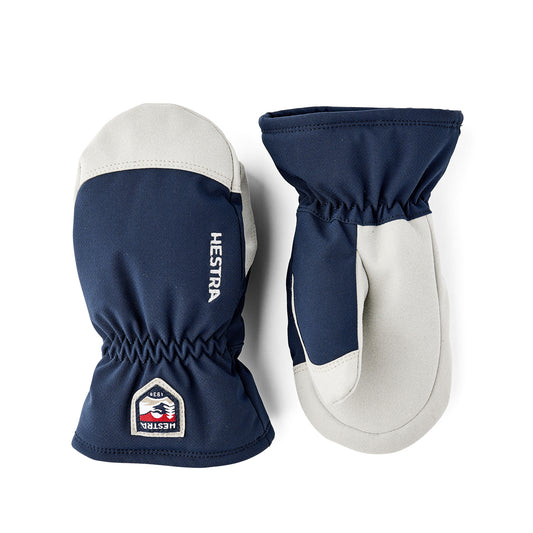Navy and white toddler mittens with Hestra logo on a white background