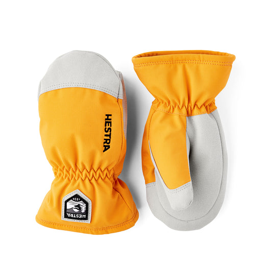 Orange and gray Hestra toddler mittens on a white background