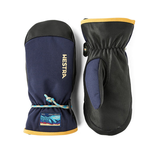 Pair of Hestra kids mittens on a white background