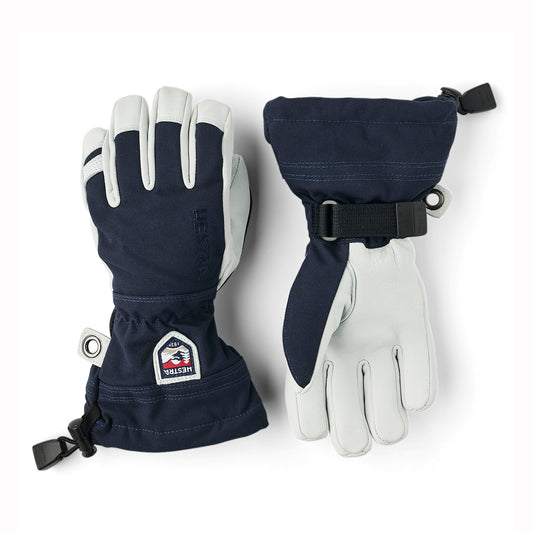Pair of navy and white gloves with a brand logo on a white background